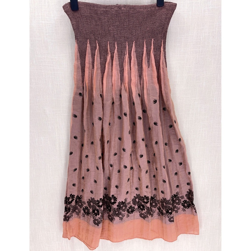 Lapis Mauve Pink Floral Smocked Metallic Sheen Maxi Skirt One Size Crinkle Boho - Picture 2 of 8
